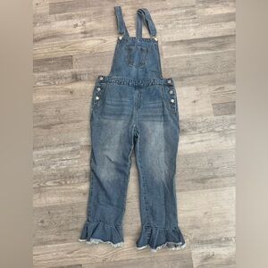 Boohoo Medium Wash Denim Overalls Ruffle Hem Ankle K26